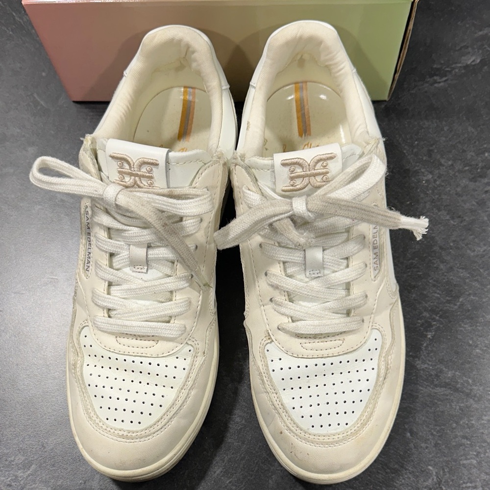 Sam Edelman Off-White Leather Lace-Up Sneakers